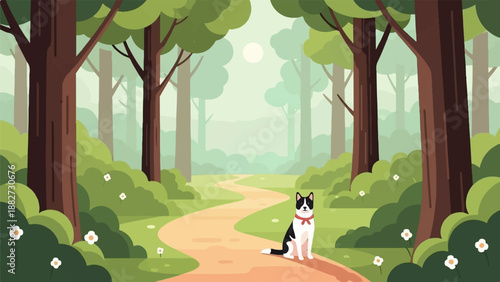 A lone dog sits on a winding path in a misty forest, surrounded by trees and flowers
