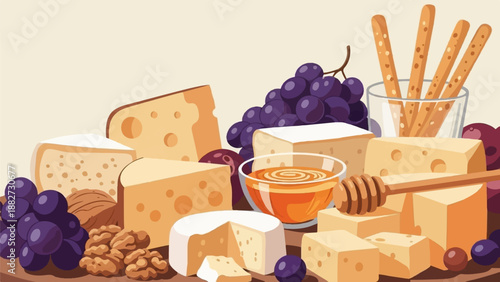 A cheese board with grapes, walnuts, breadsticks, and honey
