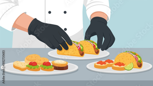 A chef presents a spread of prepared food items, including tacos and appetizers