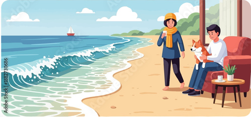 A couple enjoys a sunny day with their dog at a peaceful beach