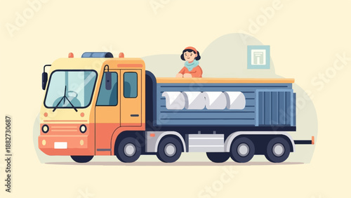 A person in a hat and scarf sits atop a flatbed truck