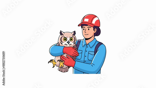 A person in a hard hat holds a rescued owl