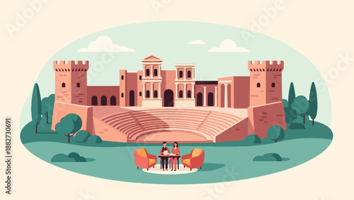 A couple enjoys a serene moment at a historic amphitheater with castle-like structures