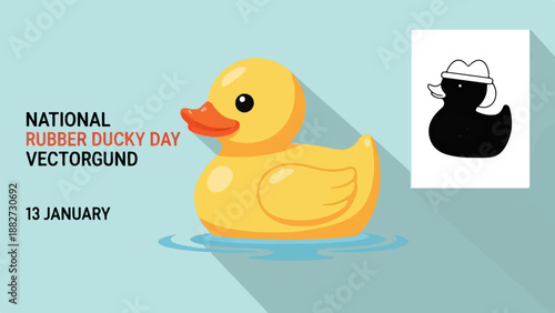 A cheerful yellow rubber ducky floats in blue water, with a black silhouette of a ducky wearing a hat