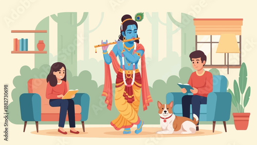 A tranquil indoor scene with people reading, a dog resting, and a divine figure playing a flute