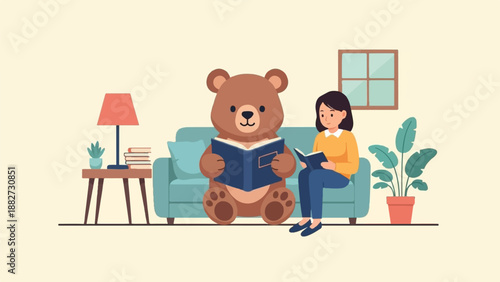 A girl and a bear sit on a couch reading books in a cozy room
