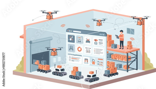 illustration of automated drone warehouse management with robots and technology
