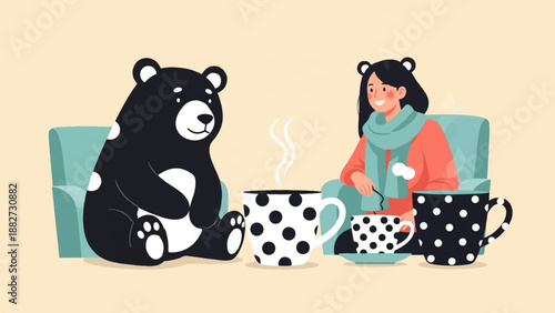 A girl and a stuffed bear share warm drinks in cozy armchairs