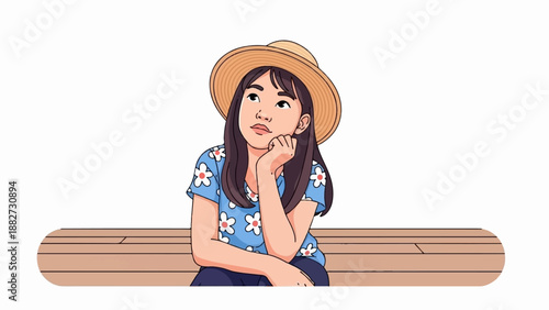 A girl in a straw hat and floral shirt gazes upward thoughtfully