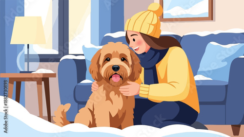 A girl in yellow winter clothes hugs a golden fluffy dog indoors by a snowy window