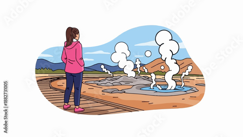 A person observes steam rising from a geothermal area with mountains
