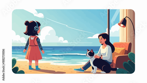 A girl with headphones and a woman with a cat relax by the sea