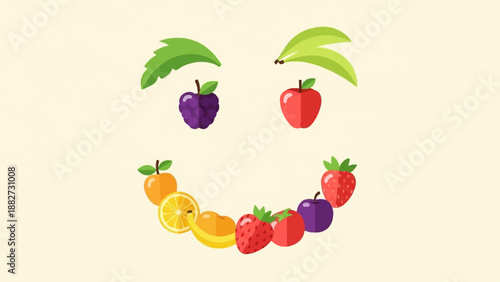 A cheerful fruit face with a curved smile made of various fruits and leaves for eyes