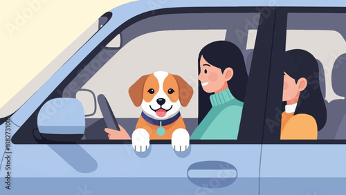 A cheerful dog peeks out of a car window with two smiling females