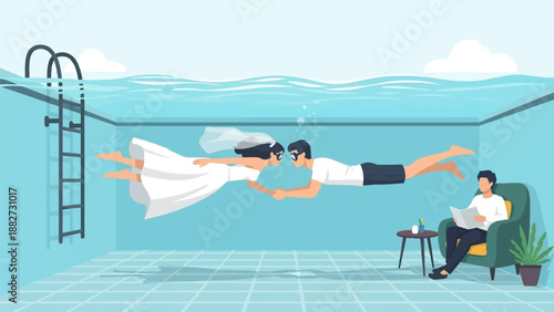 A couple in wedding attire swims underwater, holding hands, while another person reads