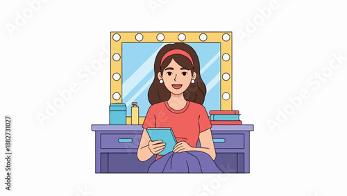 A smiling young woman in a coral shirt sits at a vanity table with a tablet