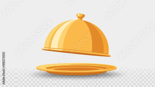 A golden cloche lid is lifted, revealing an empty plate below