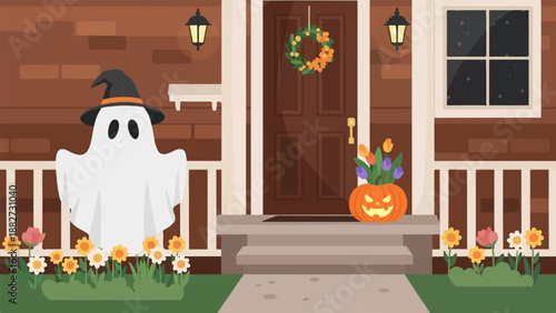 A cheerful ghost and jack-o'-lantern decorate a porch for autumn