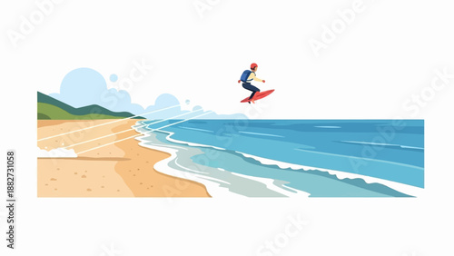 A person on a red board rides over the ocean waves near a sandy beach