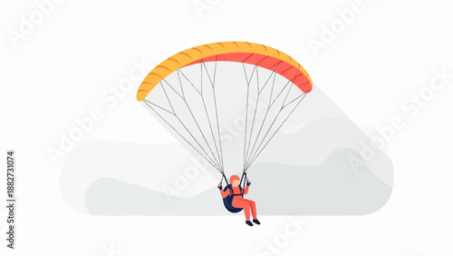 A person paragliding with a red and orange parachute against a white background