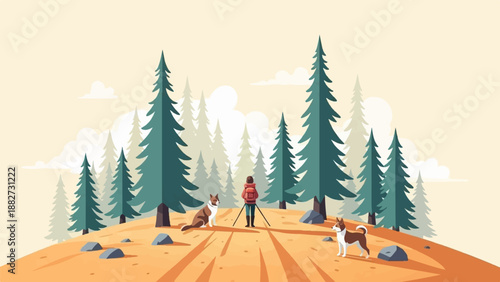 A person photographs dogs in a forest with evergreen trees