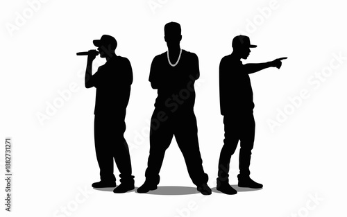 Silhouette of three hip hop artists rapping and gesturing on stage black shapes of musical performers with microphone and chain for concert posters music videos and urban culture event advertising and