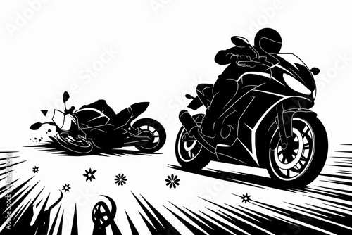 Motorcycle accident scene with rider silhouette in high speed crash and fallen bike on road showing danger and risk in cool action graphic design for safety campaign or insurance advertisement and tra