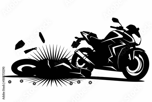 Motorcycle Crash Accident Scene Illustration Vector Graphic Black and White Silhouette of Damaged Motorbike with Broken Parts Debris Impact Design Element for Automotive Safety Campaign Transportation