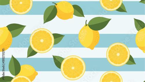 A cheerful, bright pattern of yellow lemons and green leaves on a blue and white striped background