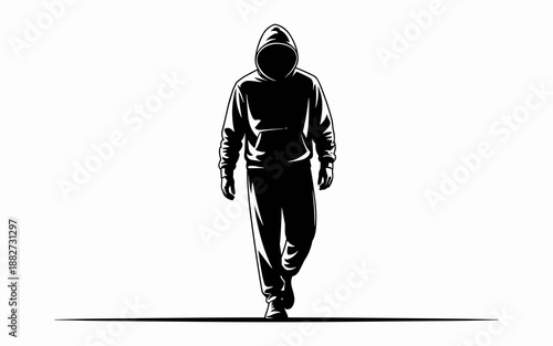 Mysterious hooded figure walking in shadow black and white illustration for crime thriller book cover design anonymous person silhouette concept digital artwork suspenseful mysterious atmosphere for m