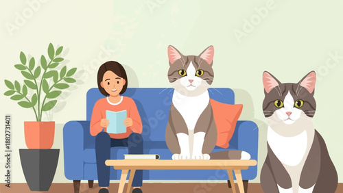 A person reads on a sofa with two cats nearby in a cozy living room