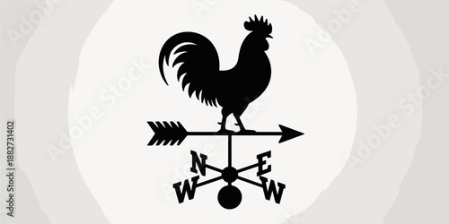 Classic black rooster weathervane silhouette illustration showing wind direction on rooftop farm agriculture vintage weather vane graphic element for architecture design country home decoration tradit