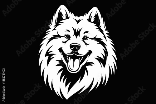 Majestic white fluffy dog head vector illustration with happy smiling expression on black background pet animal graphic design element for veterinary clinic logo mascot or cheerful domestic canine bre