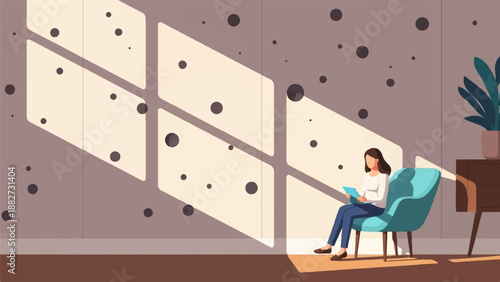 A person reads on a tablet while sitting in a chair, bathed in sunlight