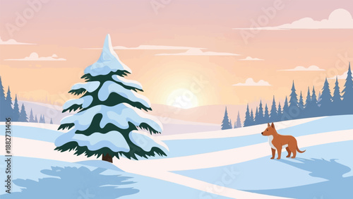 A solitary dog surveys a snowy landscape at sunrise