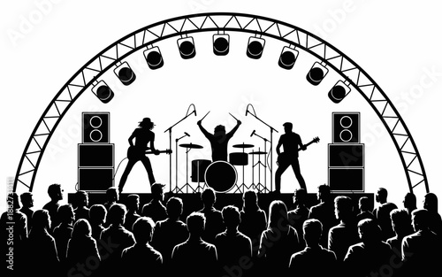 Silhouette of rock band performing live concert on stage with crowd of fans music performance entertainment event vector illustration for album cover design poster or advertising visual arts and cultu