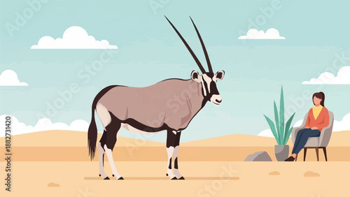 A desert scene with a large antelope, a seated woman, and sparse vegetation