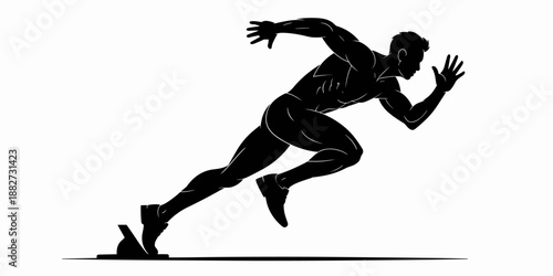 Silhouette of muscular athlete sprinter starting race from starting block competitive runner sprinting for success in track and field event for fitness motivation and athletic sports advertising desig
