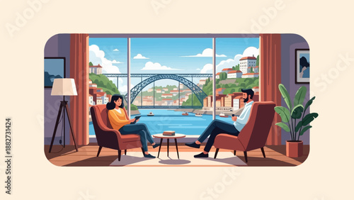 A couple relaxes in armchairs overlooking a scenic river and cityscape