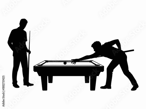 Billiard Players Silhouette Playing Pool Game on Table Illustration Professional Championship Competition Skill Strategy Fun Recreation Leisure Activity Graphic Design Element for Website Social Media