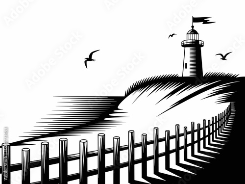 Monochrome lighthouse vector illustration on grassy hill overlooking ocean with picket fence in foreground seabirds flying above nautical maritime landscape for travel advertising coastal tourism prom
