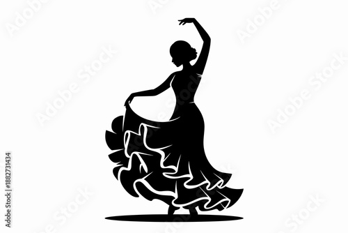 Elegant flamenco dancer silhouette performing passionate Spanish dance in flowing dress artistic vector illustration for cultural events performing arts promotions dance studio advertising showcasing