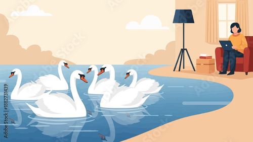 A person relaxes at home watching swans swim in a calm lake