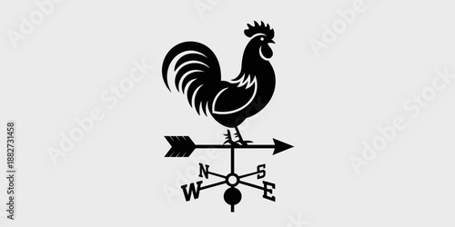 Detailed black rooster weathervane vector illustration indicating wind direction with arrow silhouette and cardinal directions symbol for weather forecast design element farm agriculture graphic rural