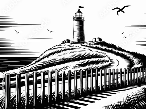 Monochrome lighthouse on grassy hill with birds flying seaside beacon coast illustration nautical landscape providing guidance and safety for ships in coastal environment travel and tourism destinatio