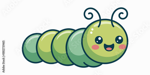 Cute cartoon caterpillar smiling cheerfully illustration of adorable green insect character with big eyes and happy expression for children's book design educational resources and fun wildlife nature