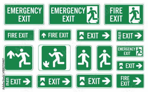 Emergency Exit Signs Set Evacuation Safety Guidance Fire Exit Signage Collection Directional Arrow Symbols Escape Route Indication for Building Workplace Security Emergency Preparedness Public Safety