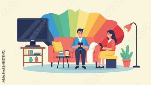 A couple relaxes on a sofa in a colorful living room with a TV
