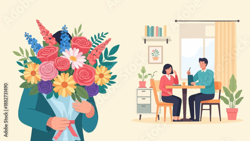 A vibrant bouquet of flowers is presented to a couple seated at a table