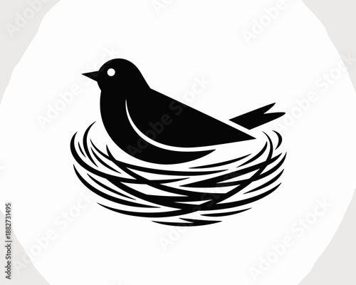 Elegant black bird resting in nest graphic illustration avian silhouette for nature conservation wildlife protection animal welfare ornithology ecosystem biodiversity natural habitat environment conse
